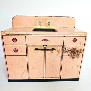 1950s Marx Toys Tin Litho Kitchen Sink Pink Mid Century Modern Collectible MCM